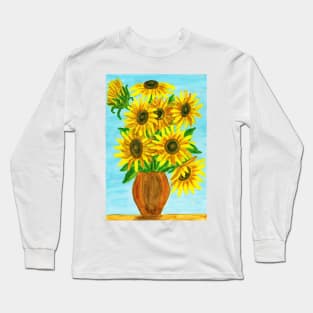 Bouquet with sunflowers in vase on light blue Long Sleeve T-Shirt
